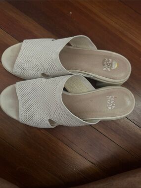 Eileen Fisher Cream Knit Open-Toe Slide Mules